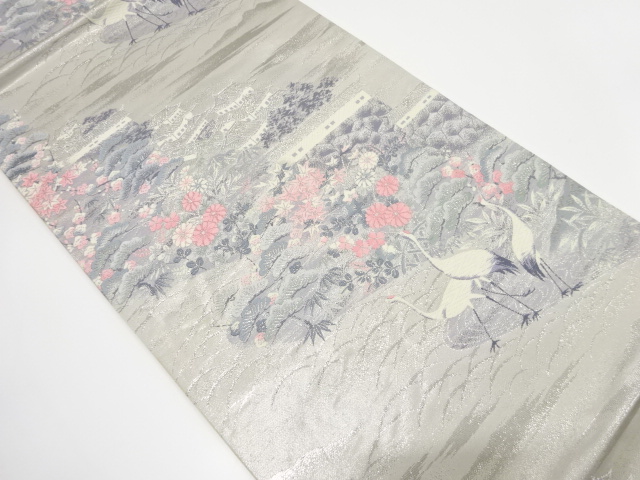 プラチナ二重箔　九百錦　霞に城風景・鶴・松竹梅模様織り出し　袋帯